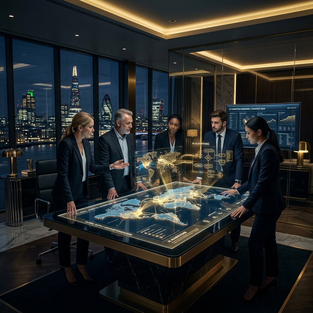 Operations team collaborating in a high-tech logistics control room